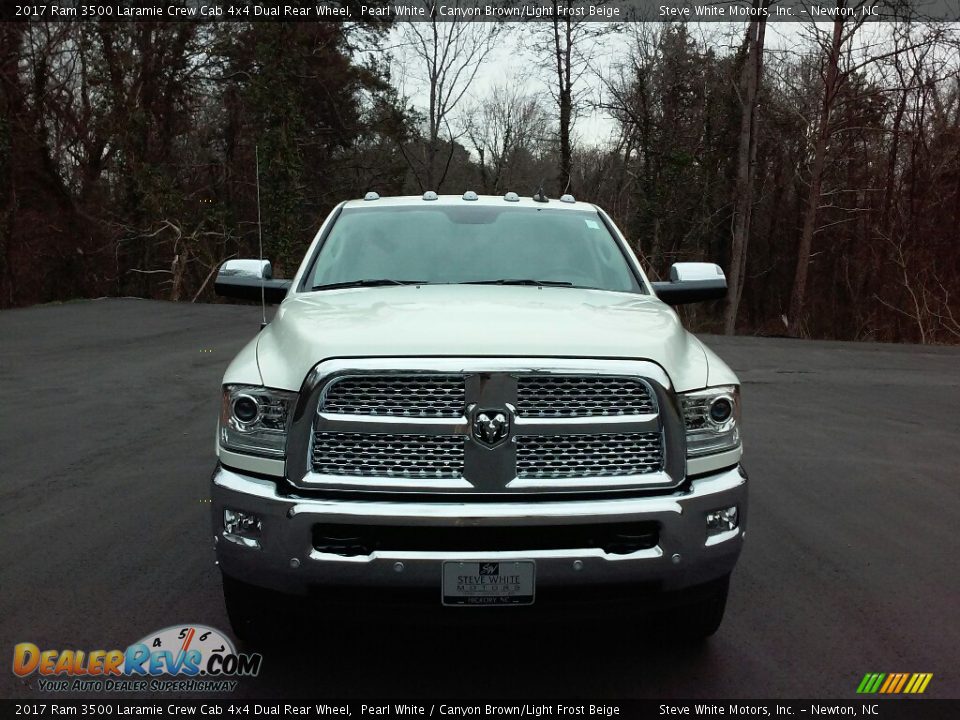 2017 Ram 3500 Laramie Crew Cab 4x4 Dual Rear Wheel Pearl White / Canyon Brown/Light Frost Beige Photo #3