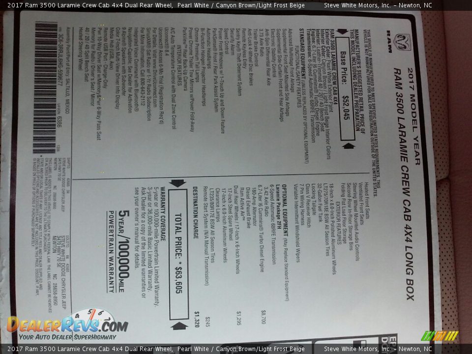 2017 Ram 3500 Laramie Crew Cab 4x4 Dual Rear Wheel Window Sticker Photo #23