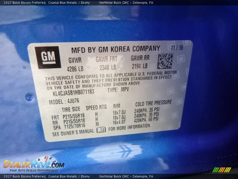 2017 Buick Encore Preferred Coastal Blue Metallic / Ebony Photo #16