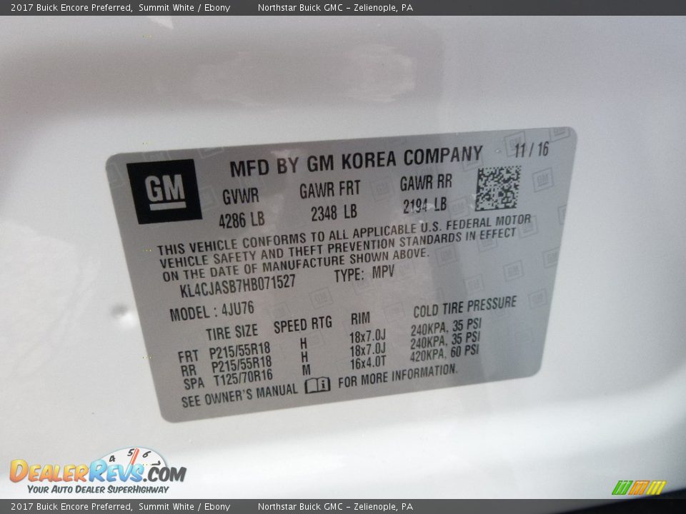 2017 Buick Encore Preferred Summit White / Ebony Photo #16