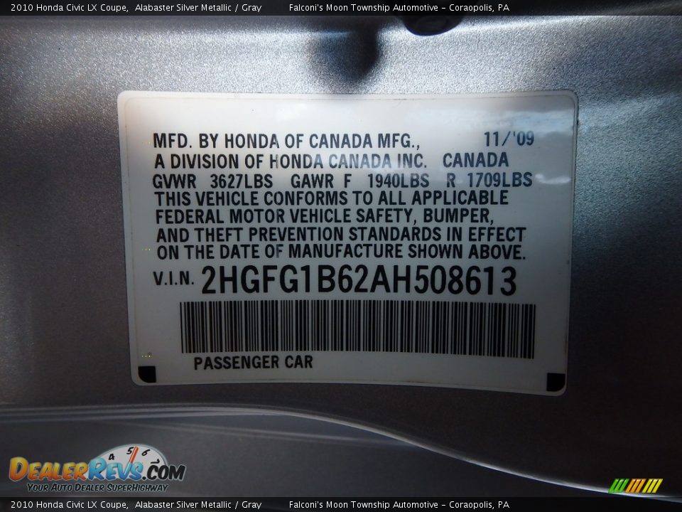 2010 Honda Civic LX Coupe Alabaster Silver Metallic / Gray Photo #19