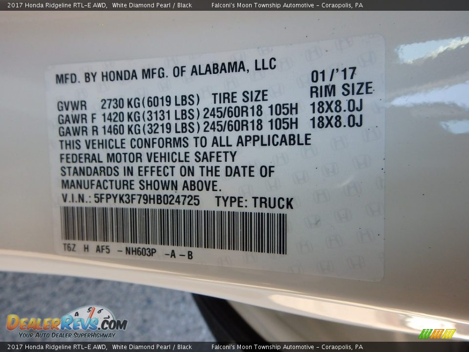 2017 Honda Ridgeline RTL-E AWD White Diamond Pearl / Black Photo #14