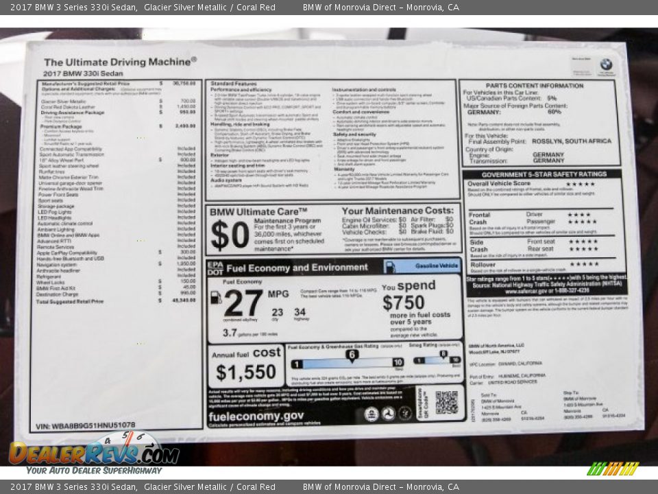 2017 BMW 3 Series 330i Sedan Glacier Silver Metallic / Coral Red Photo #10