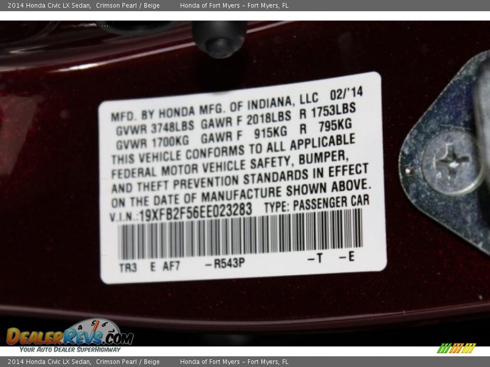 2014 Honda Civic LX Sedan Crimson Pearl / Beige Photo #30