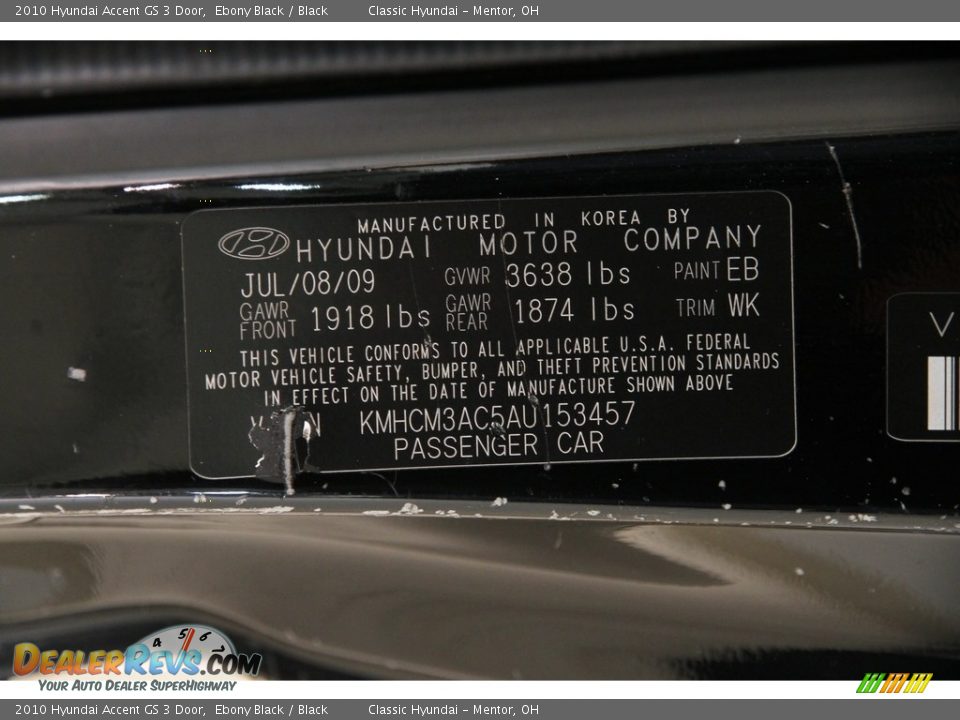 2010 Hyundai Accent GS 3 Door Ebony Black / Black Photo #16