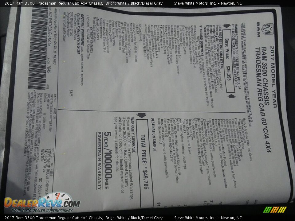 2017 Ram 3500 Tradesman Regular Cab 4x4 Chassis Bright White / Black/Diesel Gray Photo #15