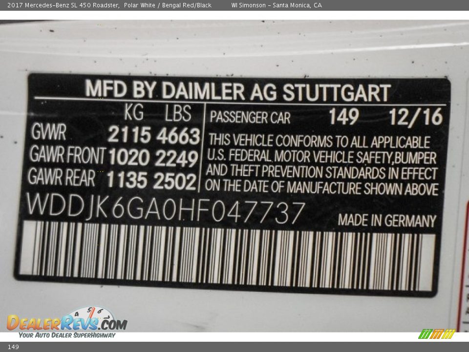 Mercedes-Benz Color Code 149 Polar White