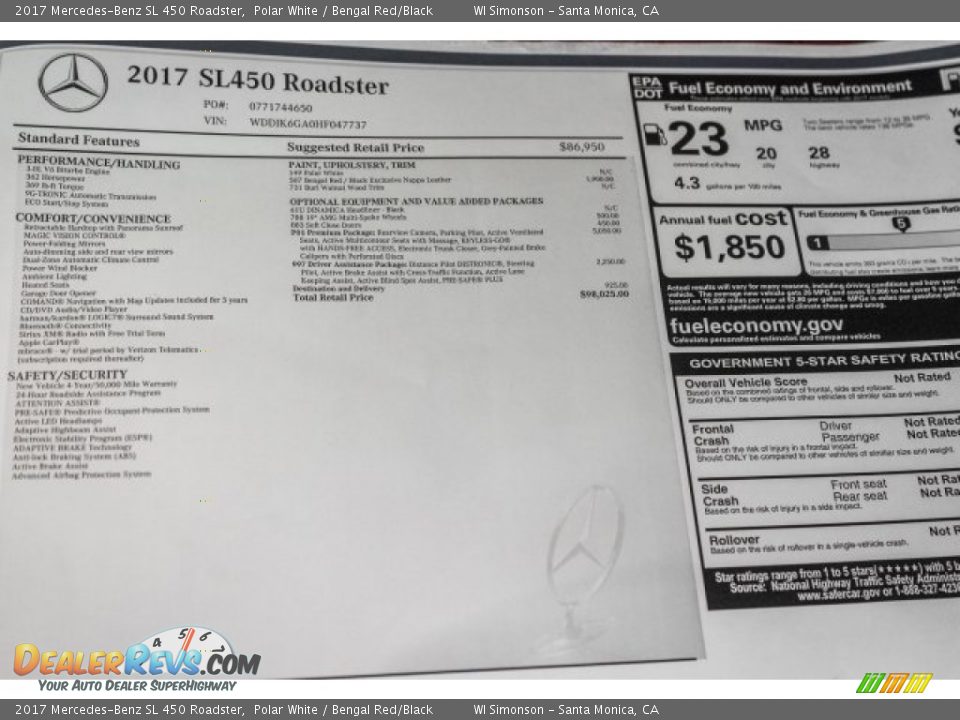 2017 Mercedes-Benz SL 450 Roadster Window Sticker Photo #11