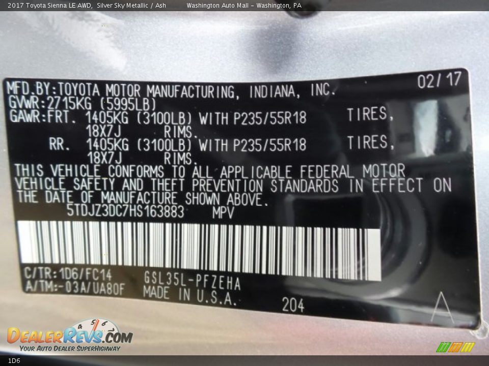 Toyota Color Code 1D6 Silver Sky Metallic