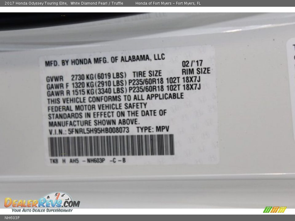 Honda Color Code NH603P White Diamond Pearl