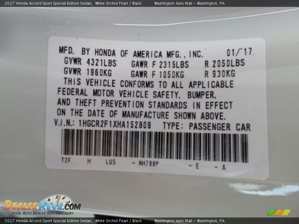 2017 Honda Accord Sport Special Edition Sedan White Orchid Pearl / Black Photo #8