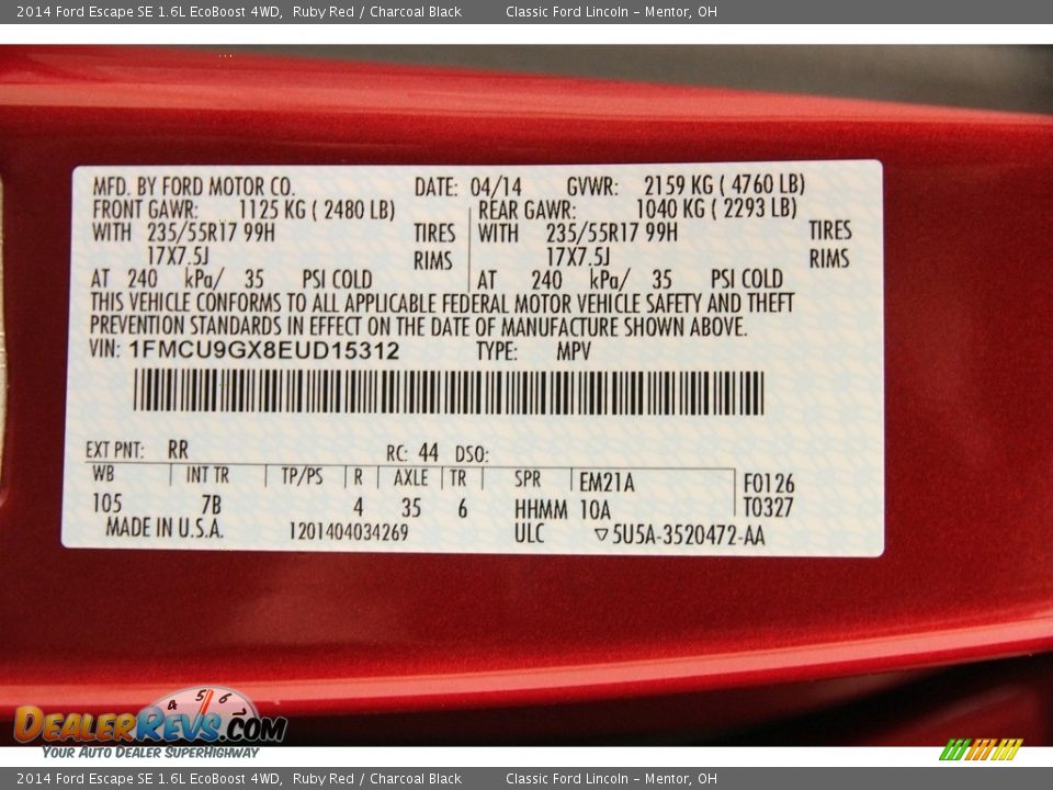 2014 Ford Escape SE 1.6L EcoBoost 4WD Ruby Red / Charcoal Black Photo #27