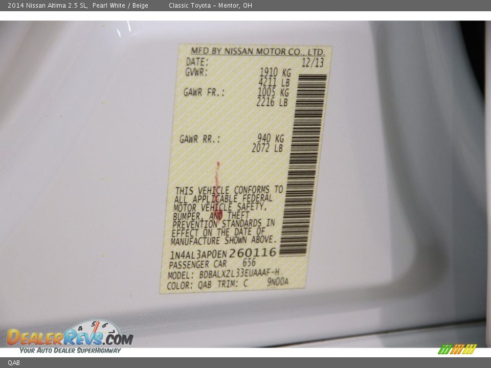 Nissan Color Code QAB Pearl White