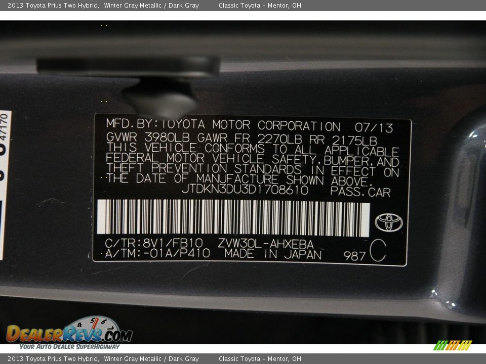 2013 Toyota Prius Two Hybrid Winter Gray Metallic / Dark Gray Photo #18