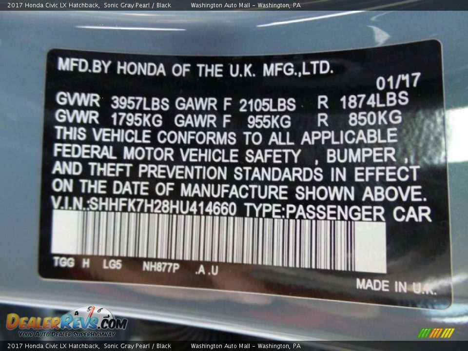 2017 Honda Civic LX Hatchback Sonic Gray Pearl / Black Photo #8