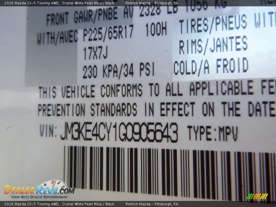 2016 Mazda CX-5 Touring AWD Crystal White Pearl Mica / Black Photo #11