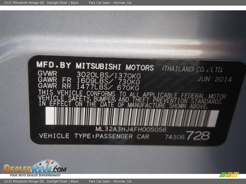 2015 Mitsubishi Mirage DE Starlight Silver / Black Photo #15