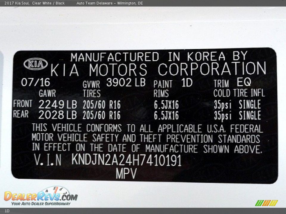 Kia Color Code 1D Clear White