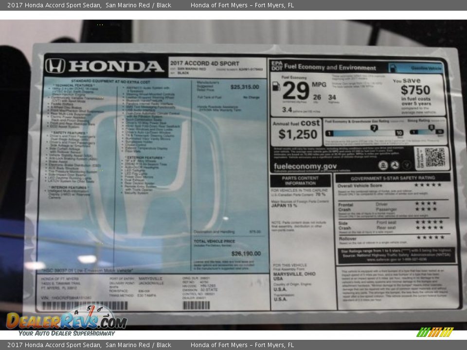 2017 Honda Accord Sport Sedan San Marino Red / Black Photo #29