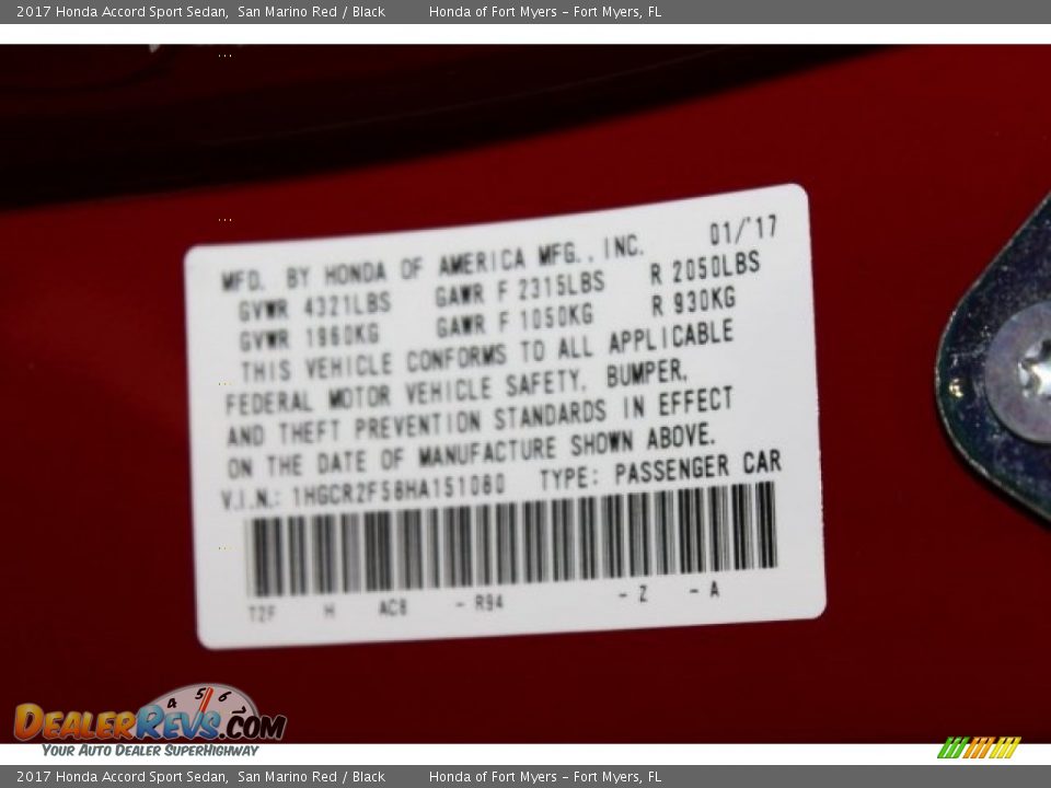 2017 Honda Accord Sport Sedan San Marino Red / Black Photo #30