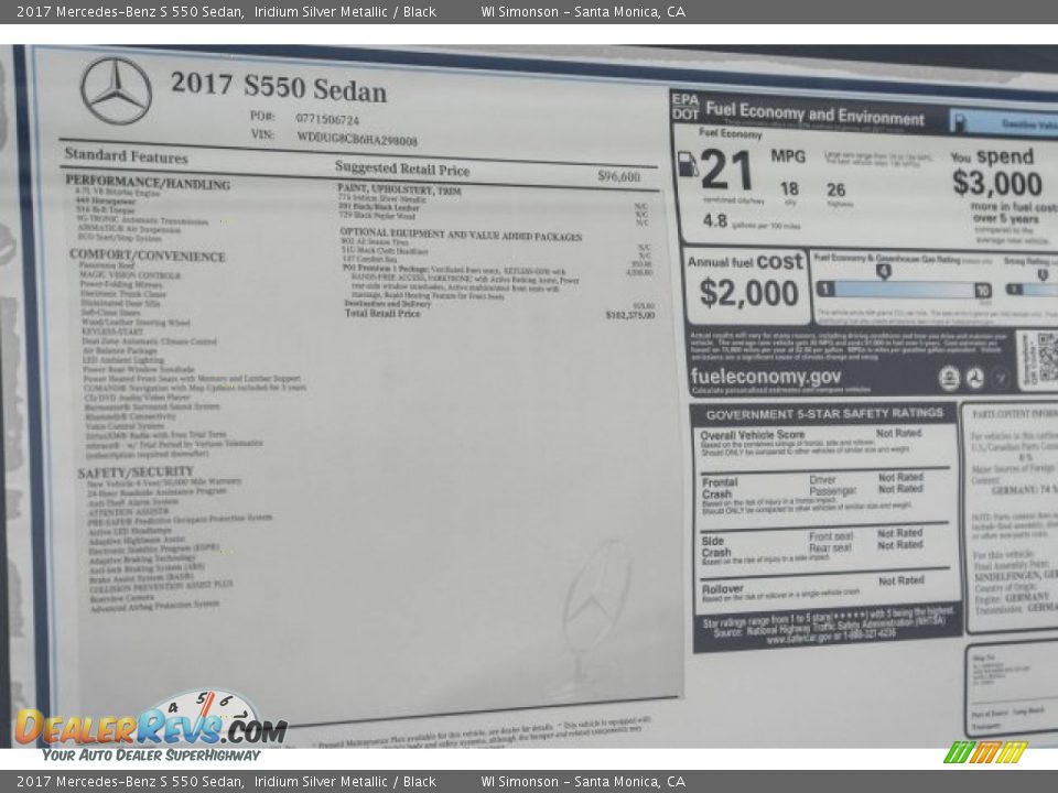 2017 Mercedes-Benz S 550 Sedan Iridium Silver Metallic / Black Photo #11