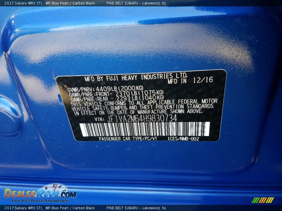 2017 Subaru WRX STI WR Blue Pearl / Carbon Black Photo #9