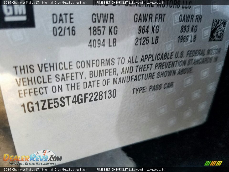 2016 Chevrolet Malibu LT Nightfall Gray Metallic / Jet Black Photo #34