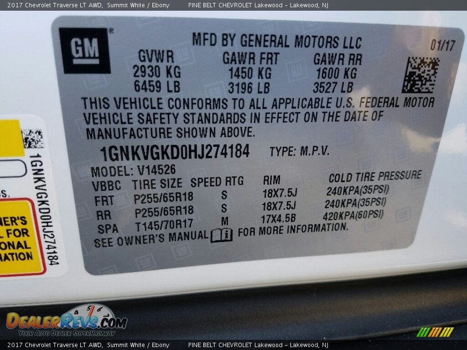 2017 Chevrolet Traverse LT AWD Summit White / Ebony Photo #7