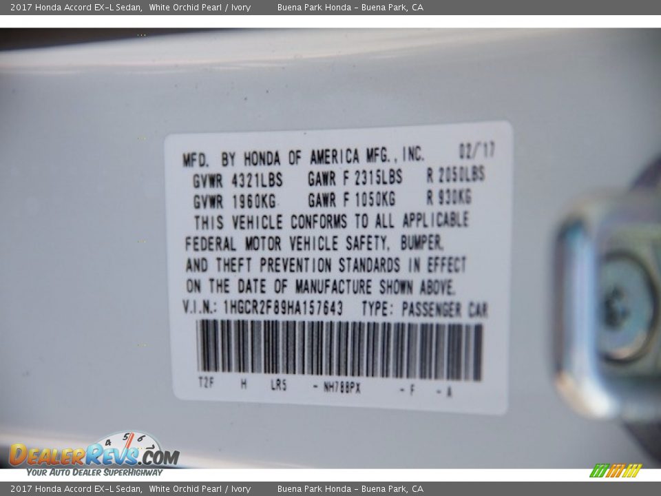 2017 Honda Accord EX-L Sedan White Orchid Pearl / Ivory Photo #19