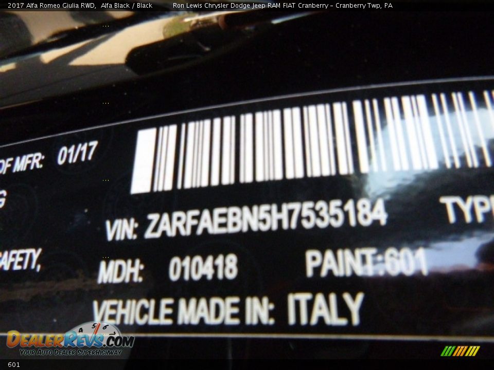 Alfa Romeo Color Code 601 Alfa Black