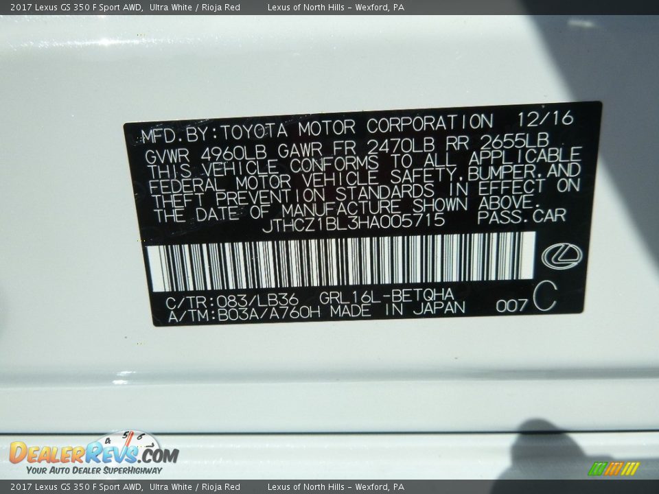 2017 Lexus GS 350 F Sport AWD Ultra White / Rioja Red Photo #11