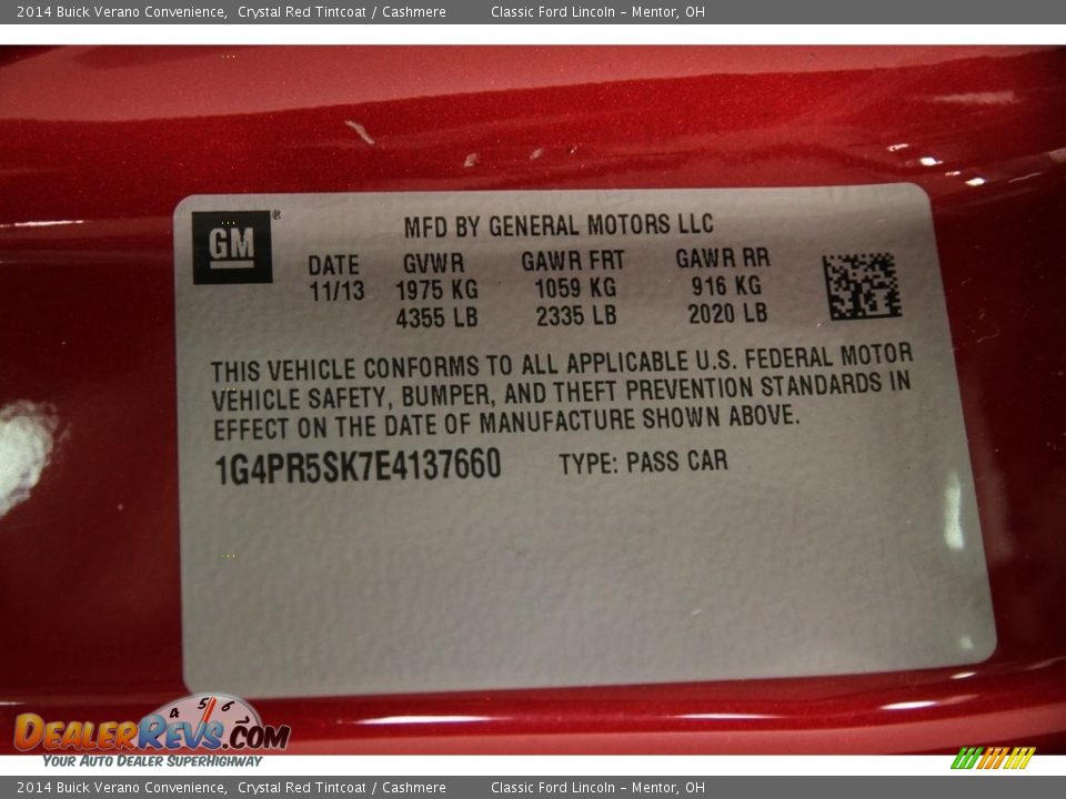 2014 Buick Verano Convenience Crystal Red Tintcoat / Cashmere Photo #22