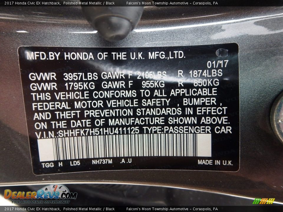 2017 Honda Civic EX Hatchback Polished Metal Metallic / Black Photo #14
