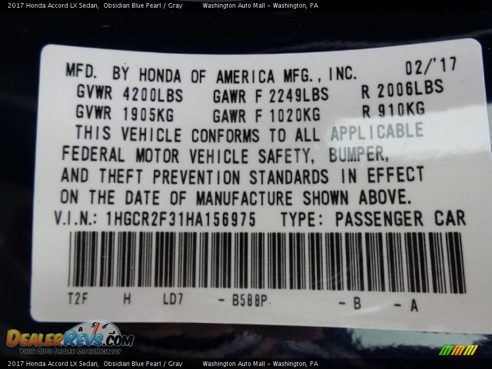 2017 Honda Accord LX Sedan Obsidian Blue Pearl / Gray Photo #8