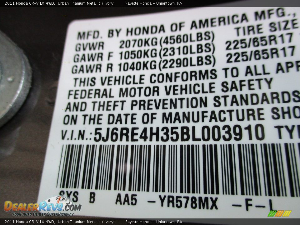 2011 Honda CR-V LX 4WD Urban Titanium Metallic / Ivory Photo #10