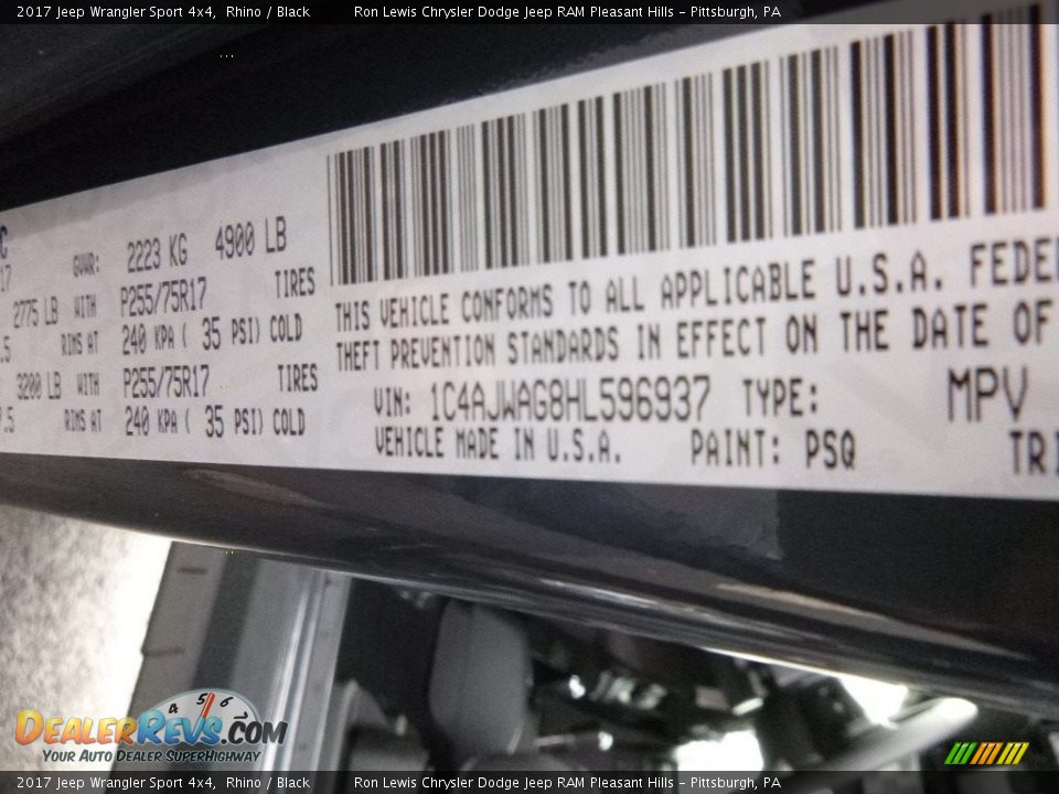 2017 Jeep Wrangler Sport 4x4 Rhino / Black Photo #15