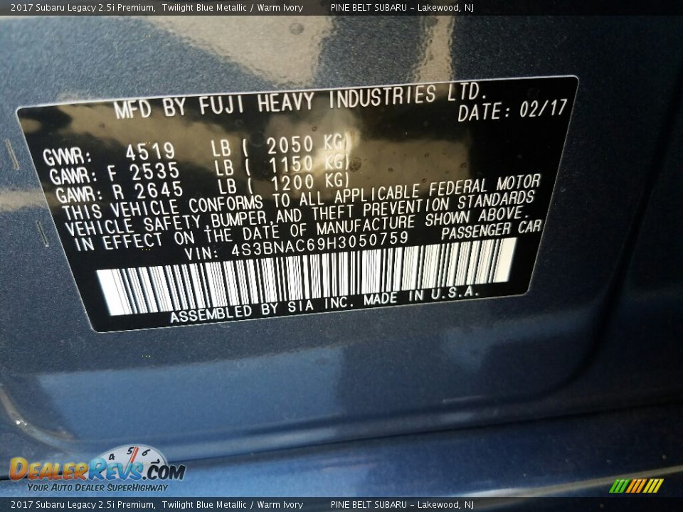 2017 Subaru Legacy 2.5i Premium Twilight Blue Metallic / Warm Ivory Photo #9