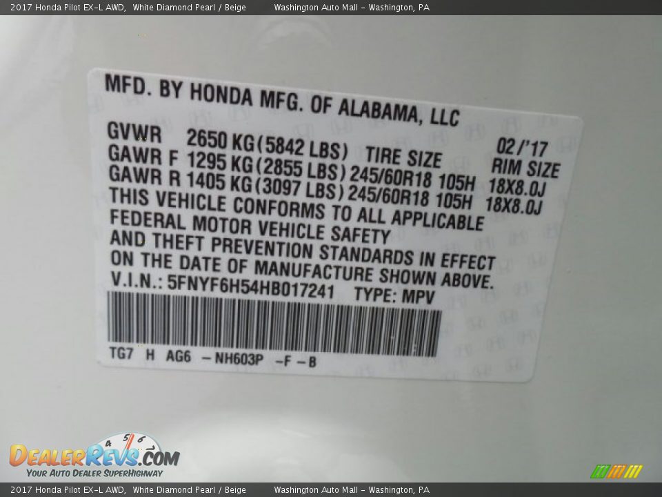 2017 Honda Pilot EX-L AWD White Diamond Pearl / Beige Photo #8