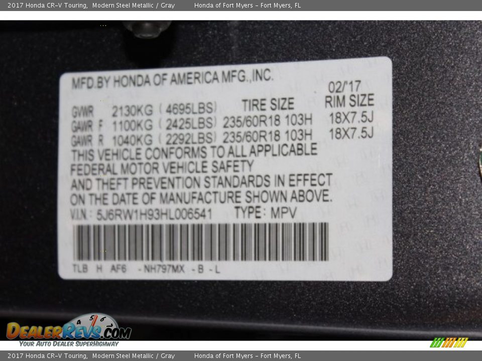 2017 Honda CR-V Touring Modern Steel Metallic / Gray Photo #32