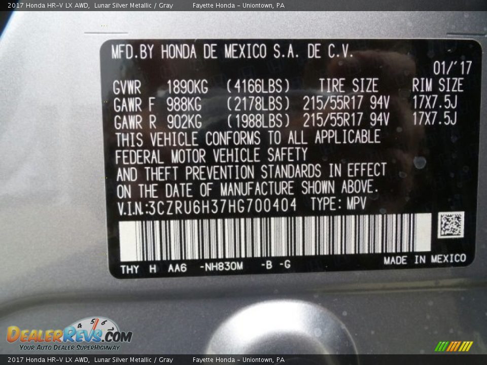 2017 Honda HR-V LX AWD Lunar Silver Metallic / Gray Photo #7