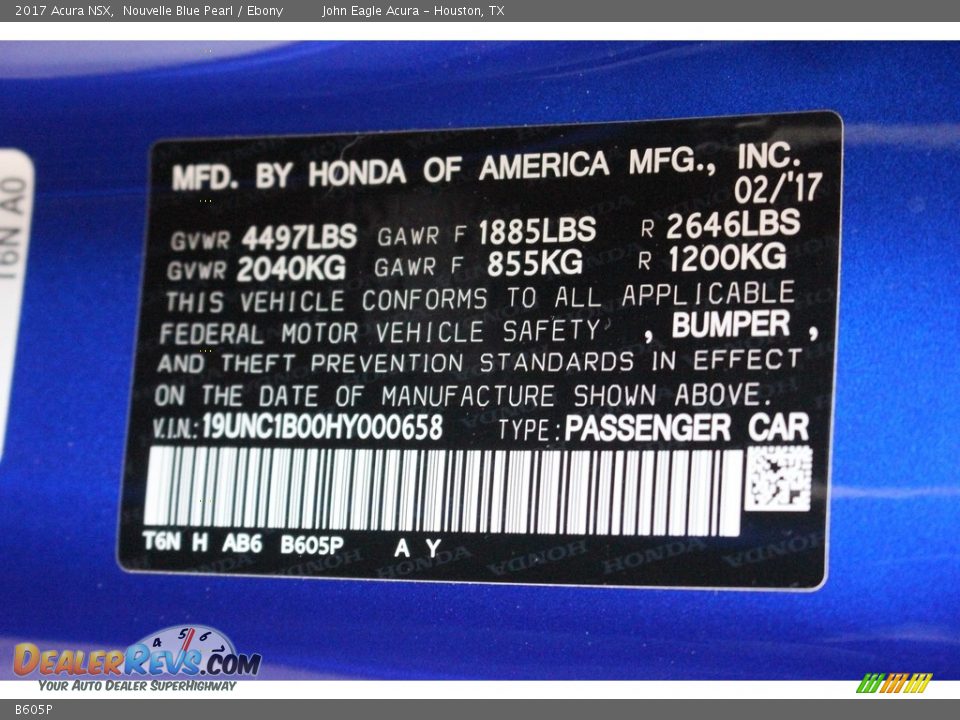 Acura Color Code B605P Nouvelle Blue Pearl