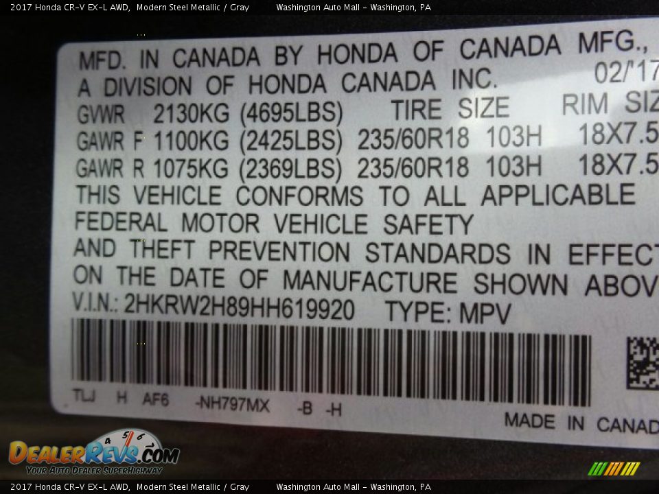 2017 Honda CR-V EX-L AWD Modern Steel Metallic / Gray Photo #8