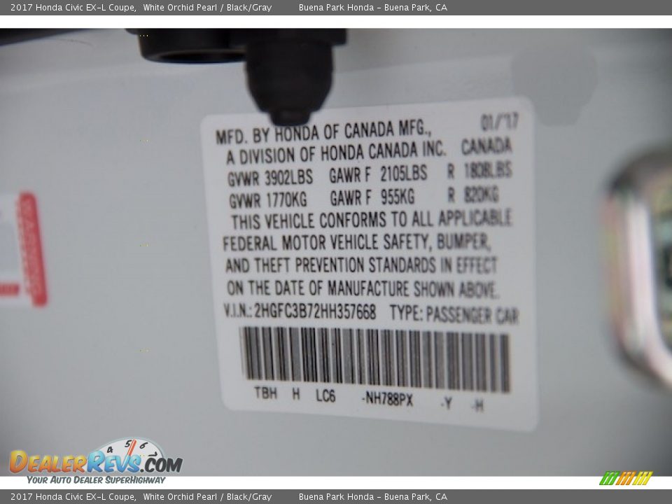 2017 Honda Civic EX-L Coupe White Orchid Pearl / Black/Gray Photo #16