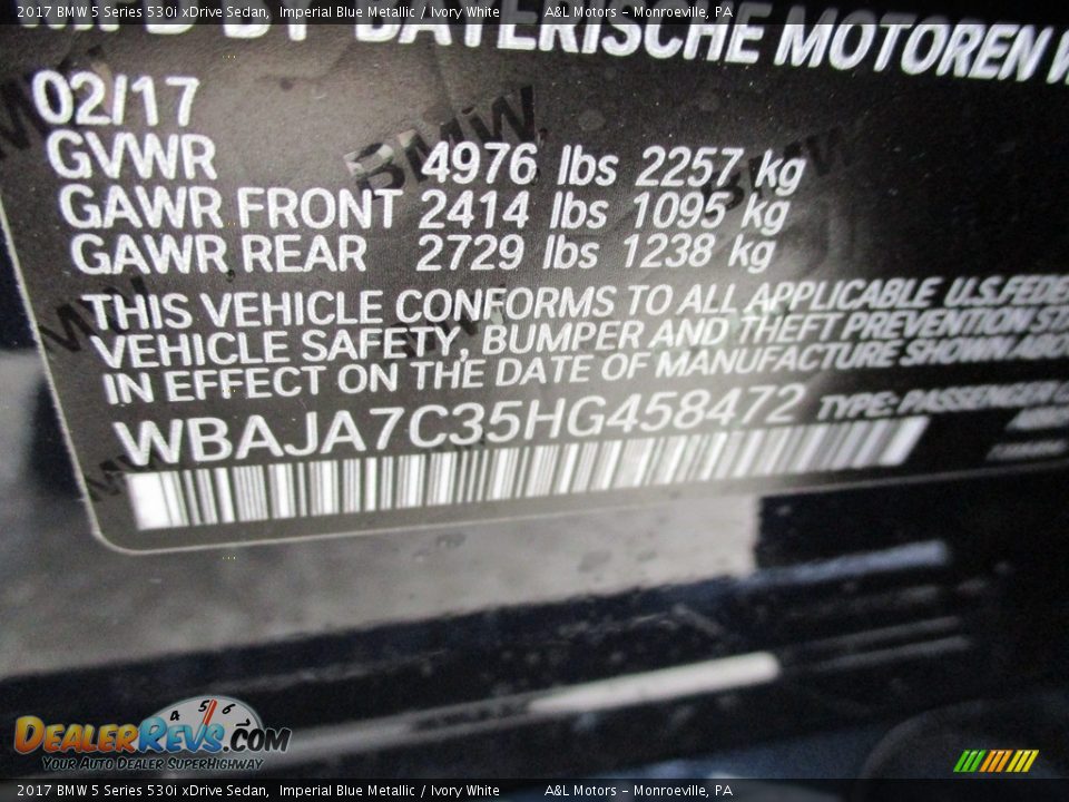 2017 BMW 5 Series 530i xDrive Sedan Imperial Blue Metallic / Ivory White Photo #19