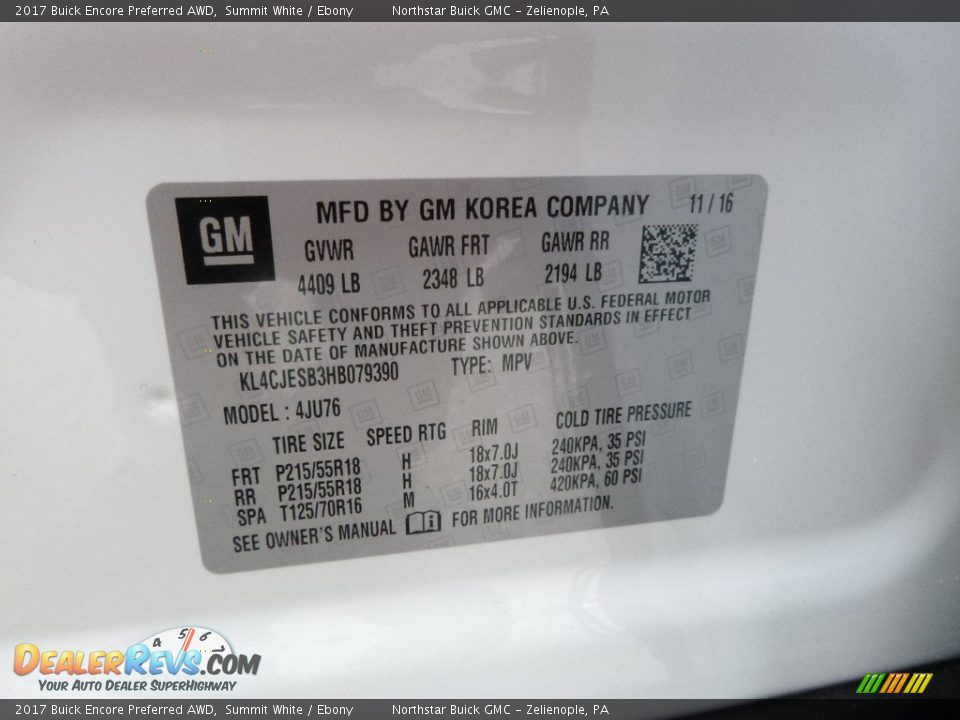 2017 Buick Encore Preferred AWD Summit White / Ebony Photo #16