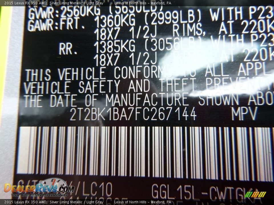 2015 Lexus RX 350 AWD Silver Lining Metallic / Light Gray Photo #16