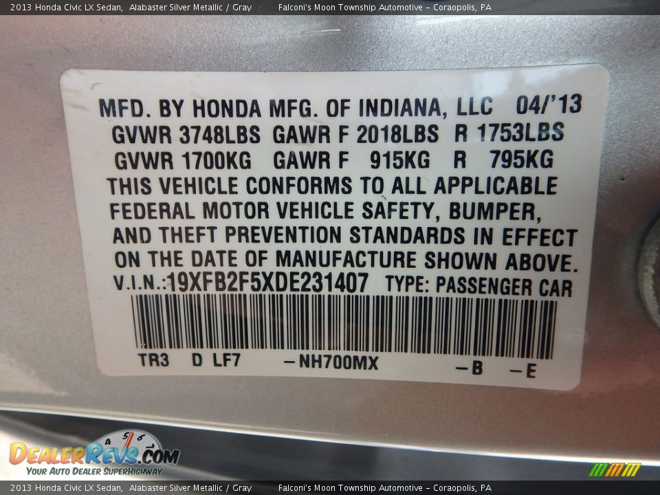 2013 Honda Civic LX Sedan Alabaster Silver Metallic / Gray Photo #23