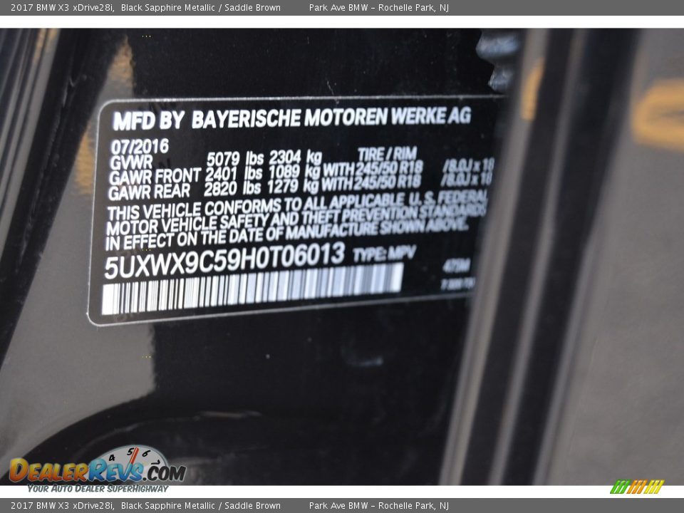 2017 BMW X3 xDrive28i Black Sapphire Metallic / Saddle Brown Photo #34