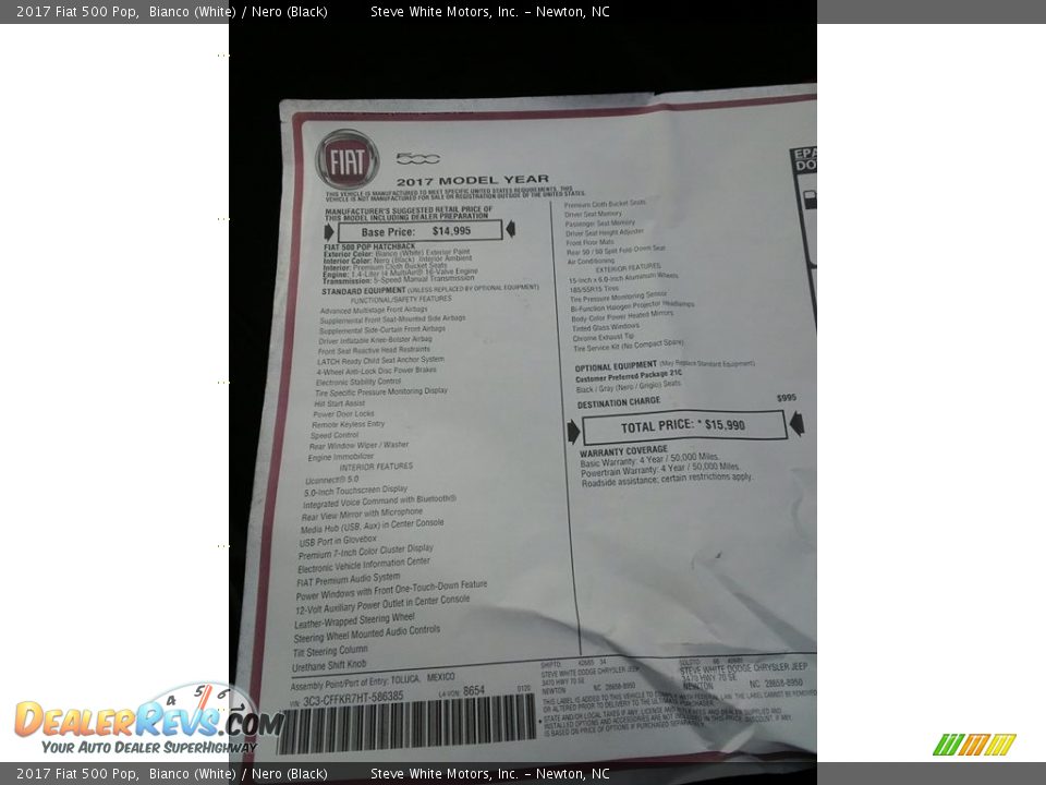 2017 Fiat 500 Pop Bianco (White) / Nero (Black) Photo #23