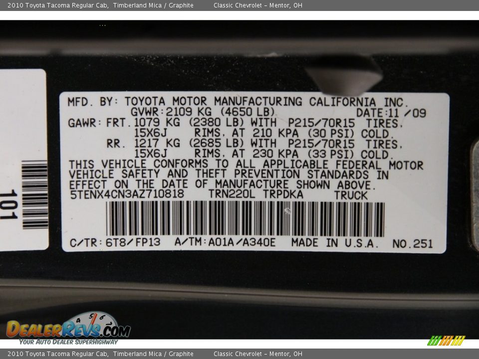 2010 Toyota Tacoma Regular Cab Timberland Mica / Graphite Photo #13